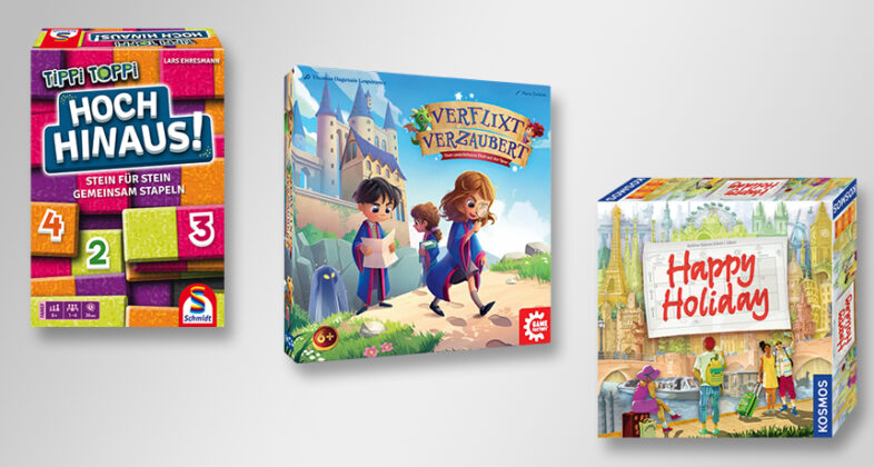 Das Kinderspiel „Verflixt Verzaubert“ hat es dieses Jahr auf die Empfehlungsliste für das Kinderspiel des Jahres geschafft. Wer gerne kooperativ spielt, wird bei „Tippi Toppi – Hoch Hinaus!“ auf jeden Fall fündig. Sollte noch Bedarf an Inspiration für die Urlaubsplanung bestehen, kann eventuell „Happy Holiday“ weiterhelfen.